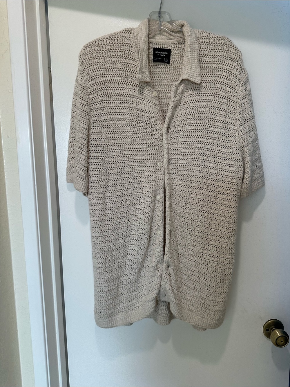 Abercrombie & Fitch Open-Knit Short Sleeve Shirt Cardigan in Beige Size Large